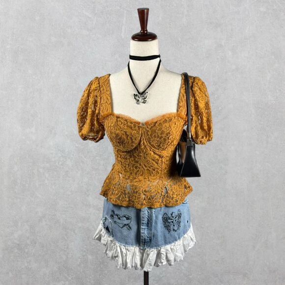 Haute Monde Tops - Sienna Orange Romantic Lace Peplum Bustier Crop Top Size S